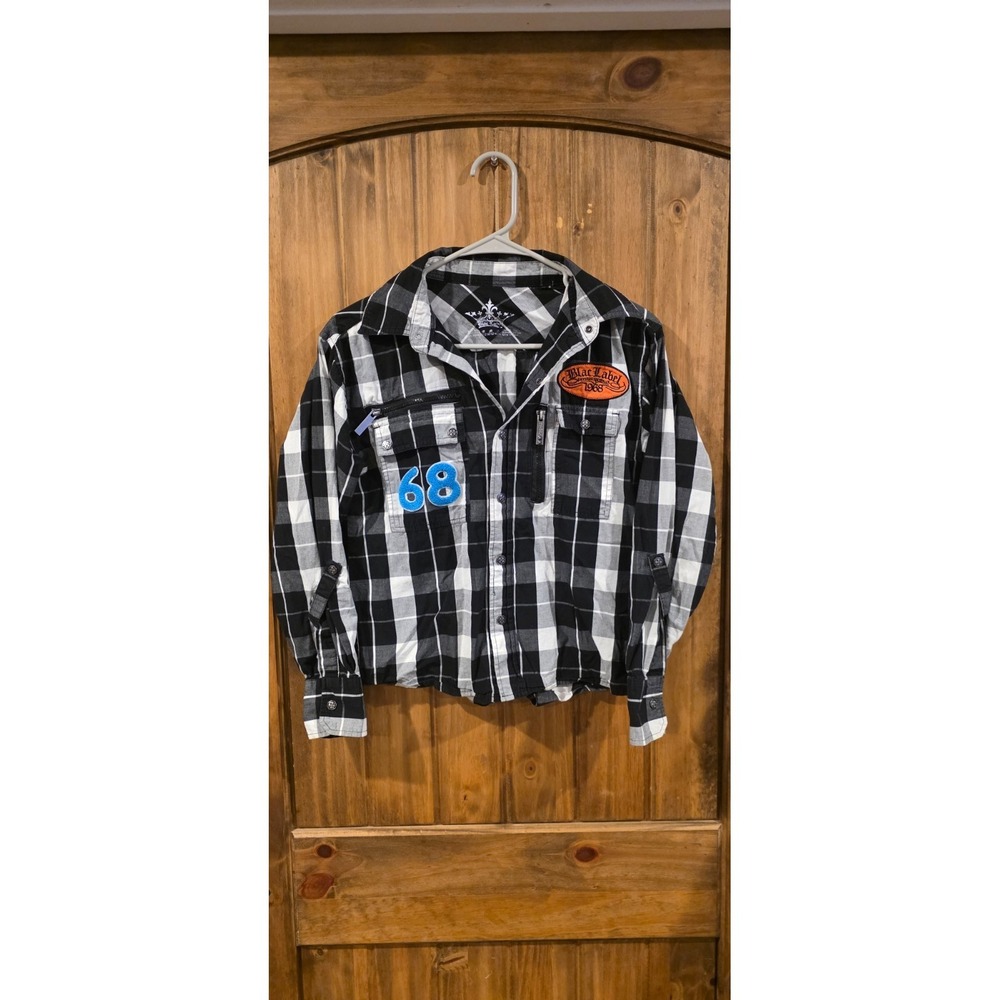 Black Label 1968 Shirt Boys M Black White Plaid Flannel Button Up Pockets Zipper